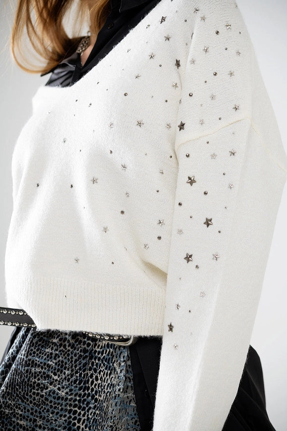 V-Neck Sweater Embellished with Metallic Stars-Sweater-Q2-S-White-Urbanheer