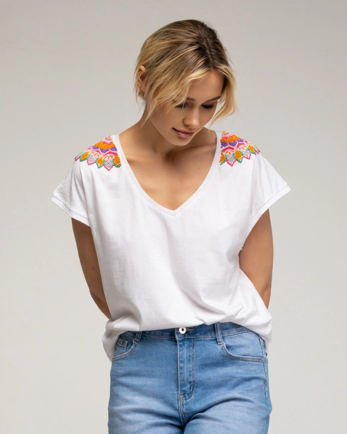 V-Neck T-Shirt with Sequins-T-Shirt-Tantra-YOUR-White-Urbanheer