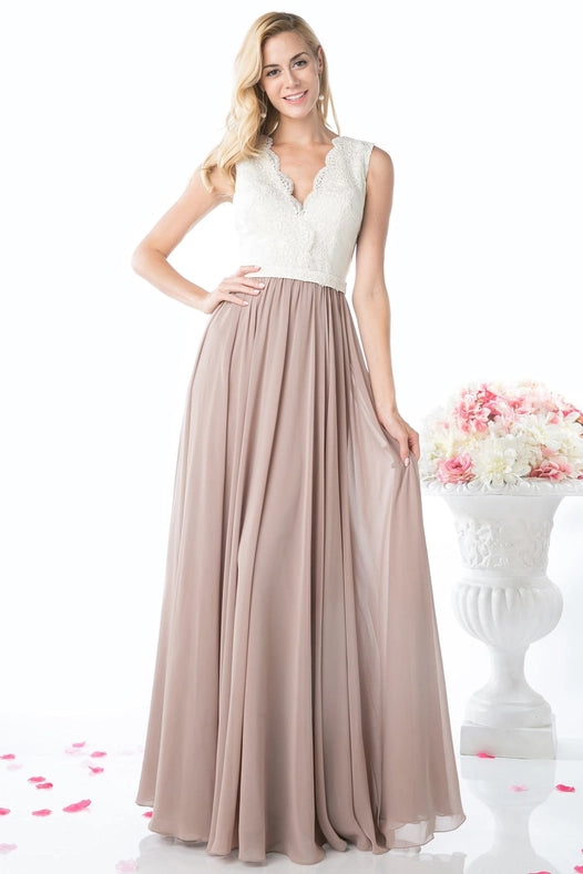 V-Neck with Two Colors Dress-Dress-Tux-USA®-XS-Ivory-Moccha-Urbanheer