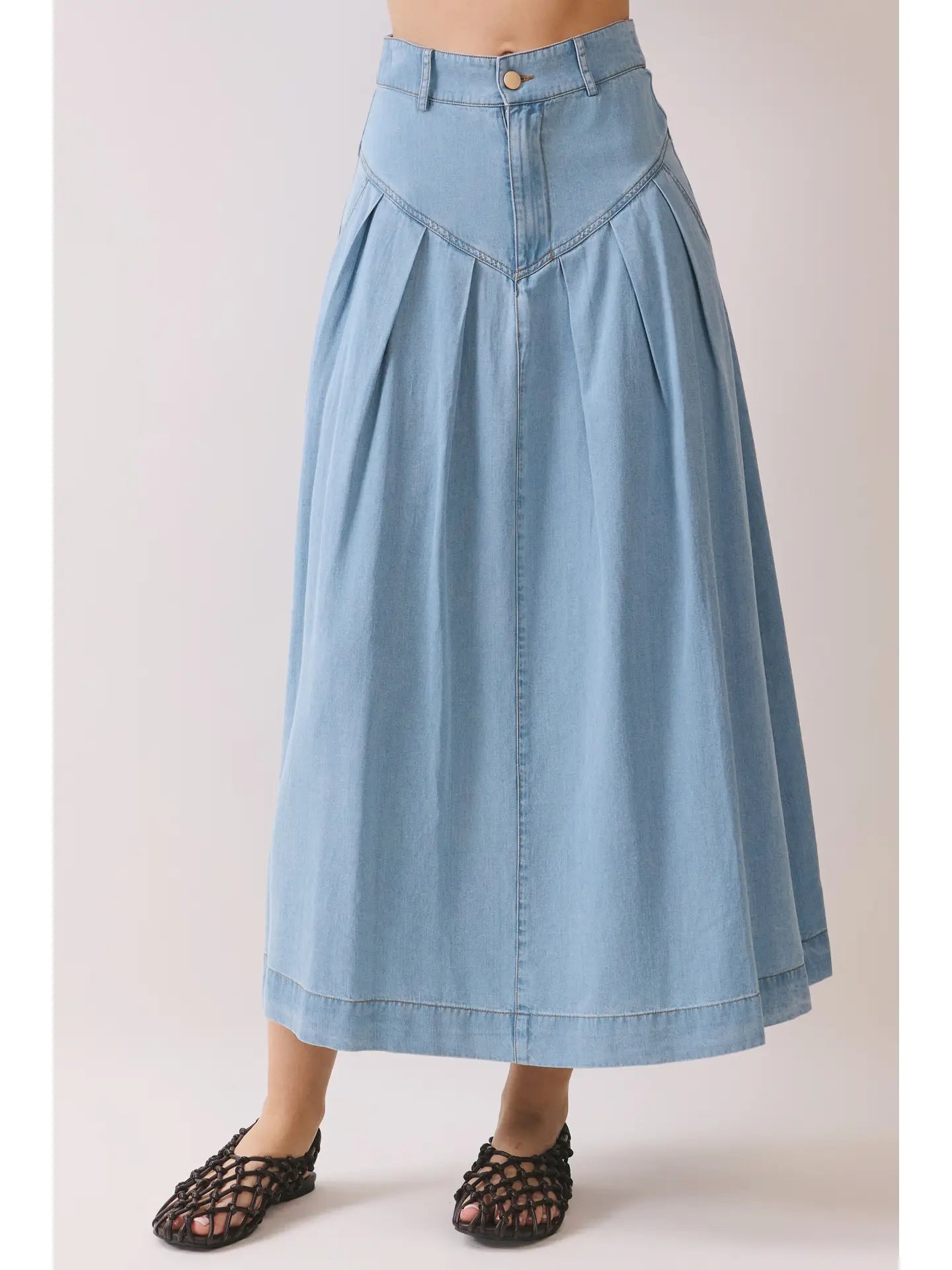 V Shaped Yoke Pleated Detail Denim Midi Skirt
