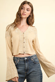 VERY J V-Neck Lace Detail Button Down Crop Ribbed Knit Top-VERY J-Natural-S-Urbanheer