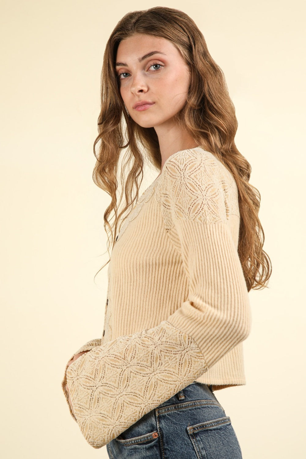 VERY J V-Neck Lace Detail Button Down Crop Ribbed Knit Top-VERY J-Natural-S-Urbanheer
