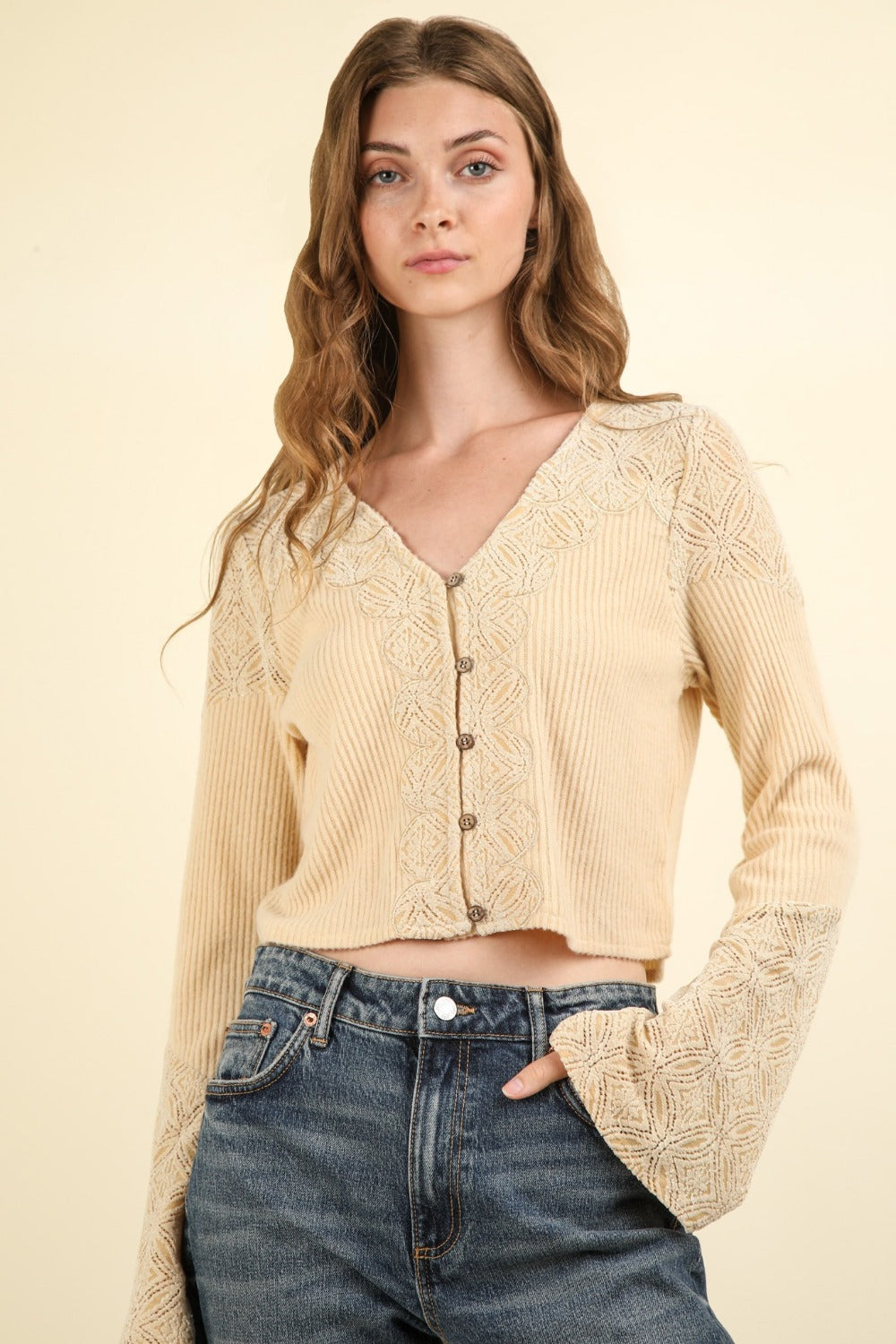 VERY J V-Neck Lace Detail Button Down Crop Ribbed Knit Top-VERY J-Natural-S-Urbanheer