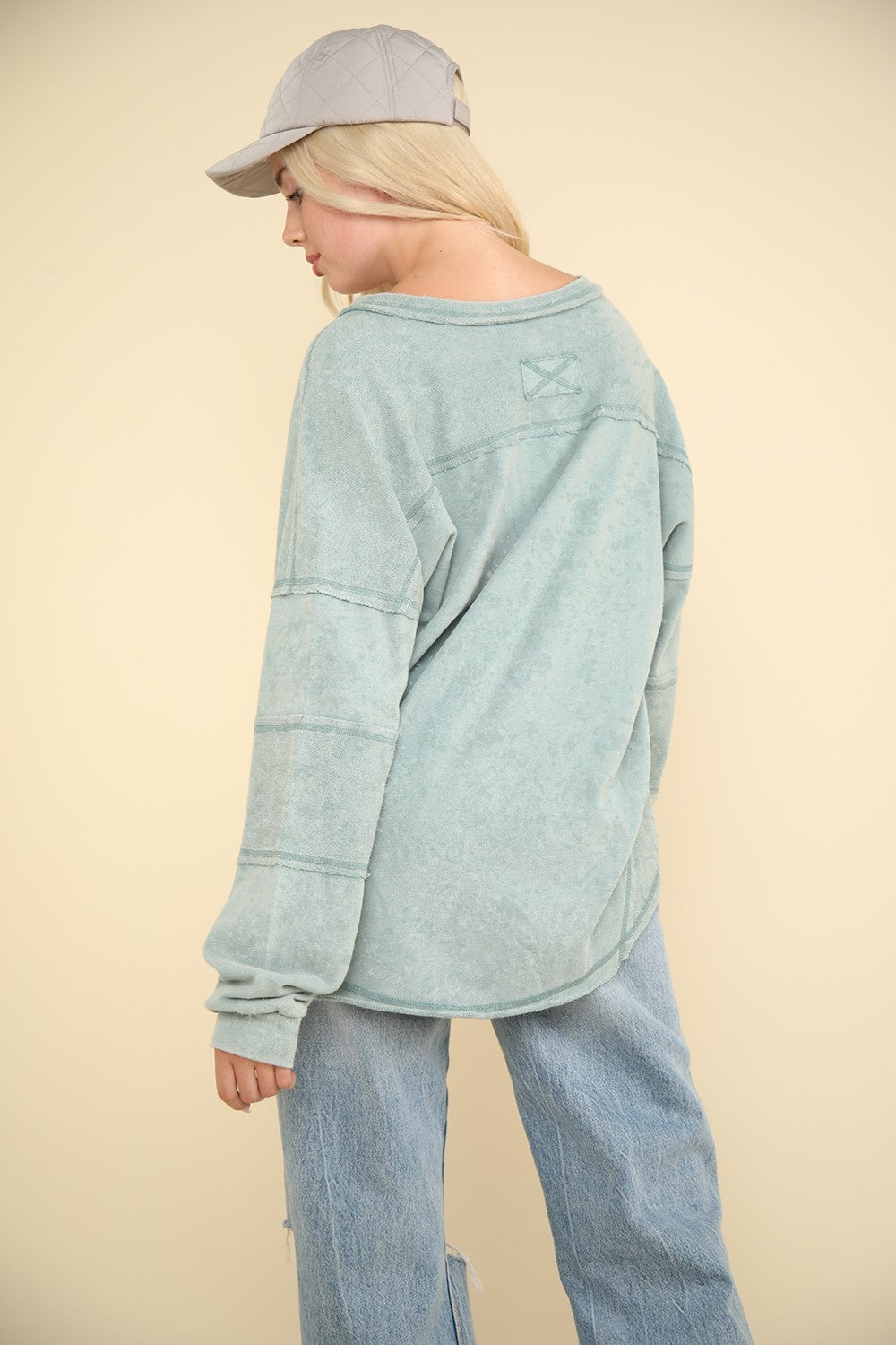 VERY J Washed V-Neck Exposed Seam Knit Top-VERY J-Sage-S-Urbanheer