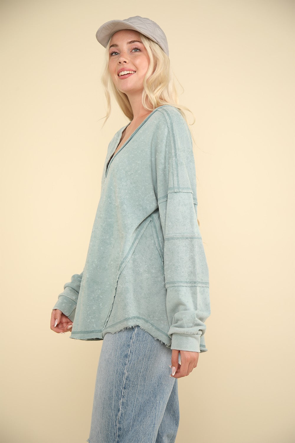 VERY J Washed V-Neck Exposed Seam Knit Top-VERY J-Sage-S-Urbanheer