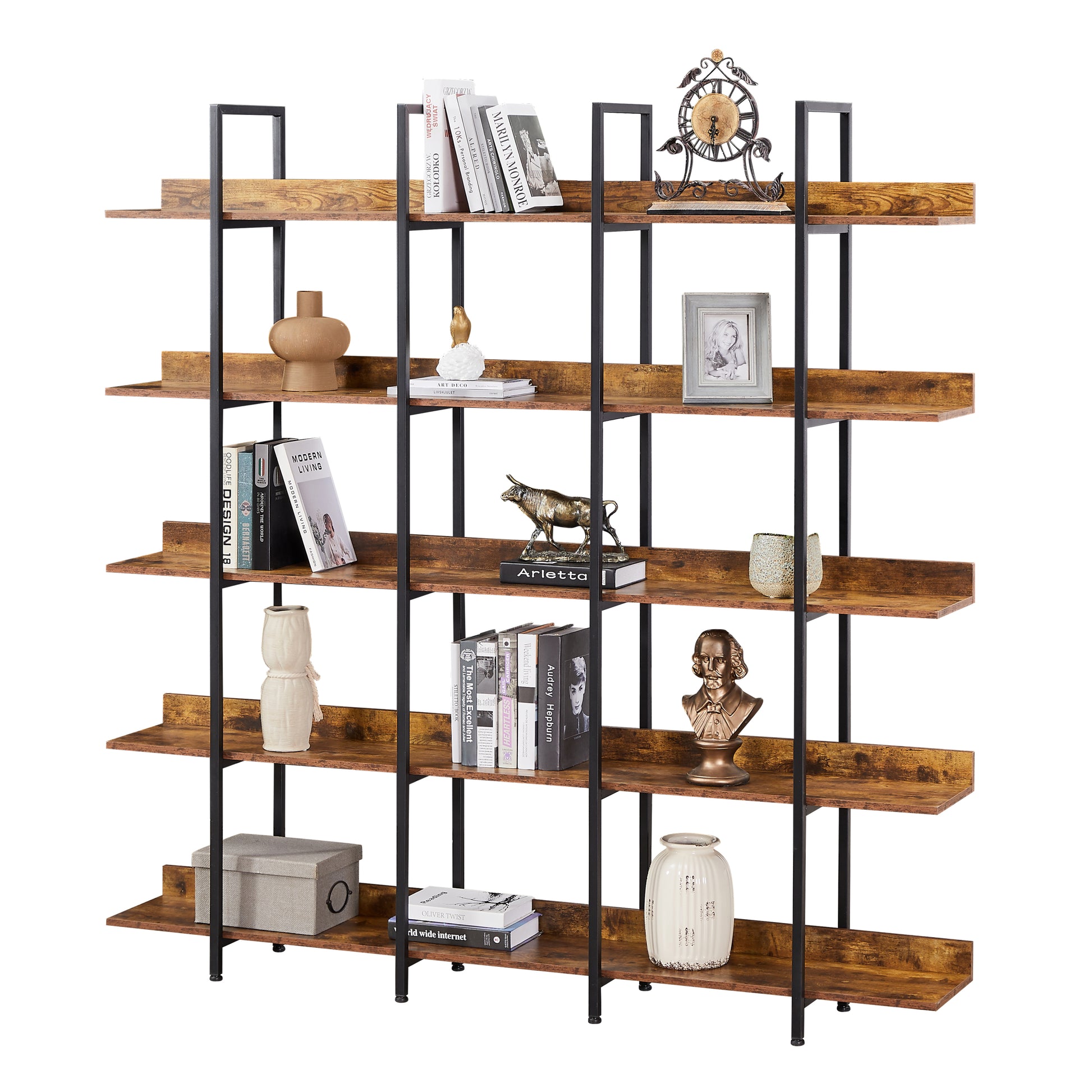 [VIDEO] 5 Tier Bookcase Home Office Open Bookshelf, Vintage Industrial Style Shelf with Metal Frame,-UH Decor-Default-Urbanheer