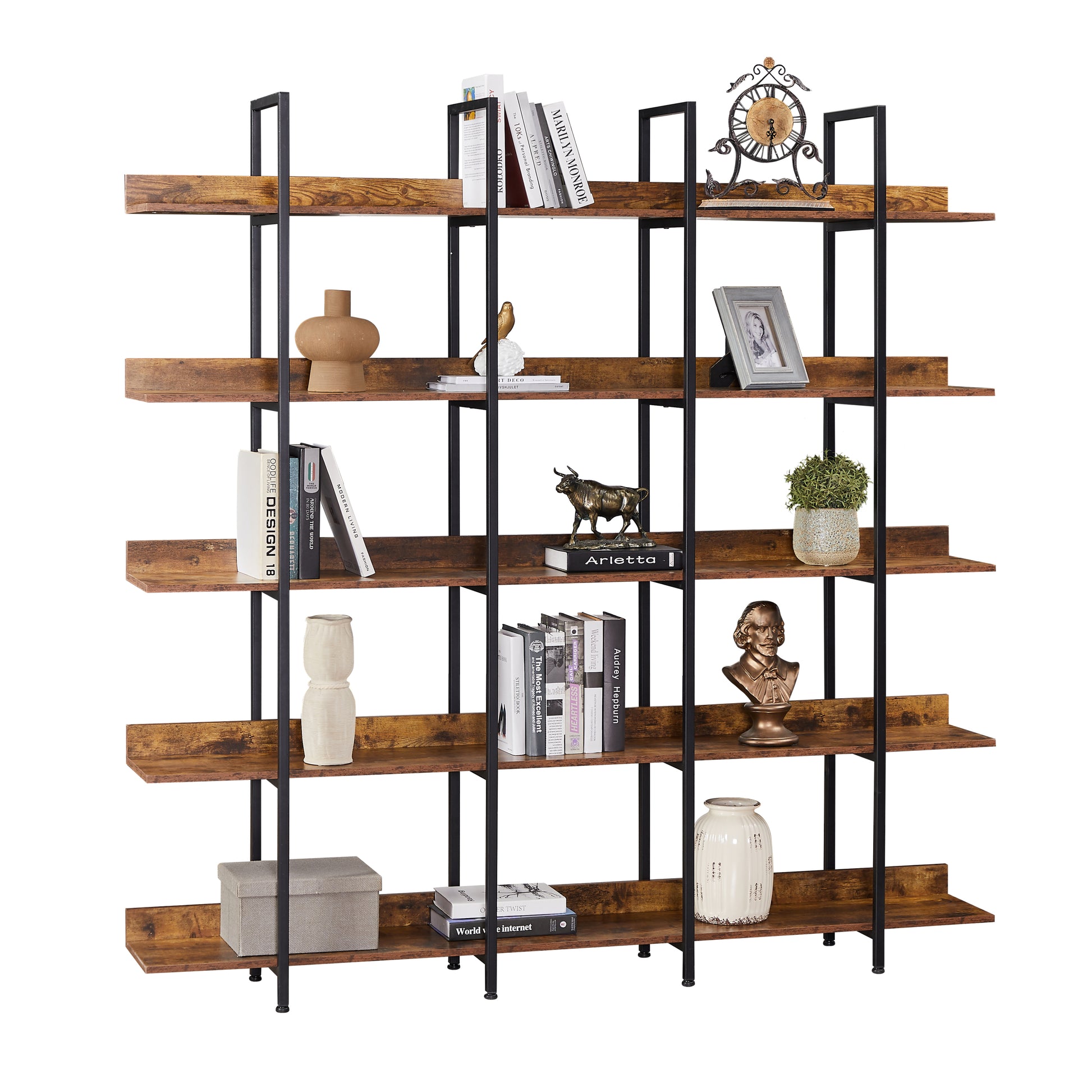 [VIDEO] 5 Tier Bookcase Home Office Open Bookshelf, Vintage Industrial Style Shelf with Metal Frame,-UH Decor-Default-Urbanheer