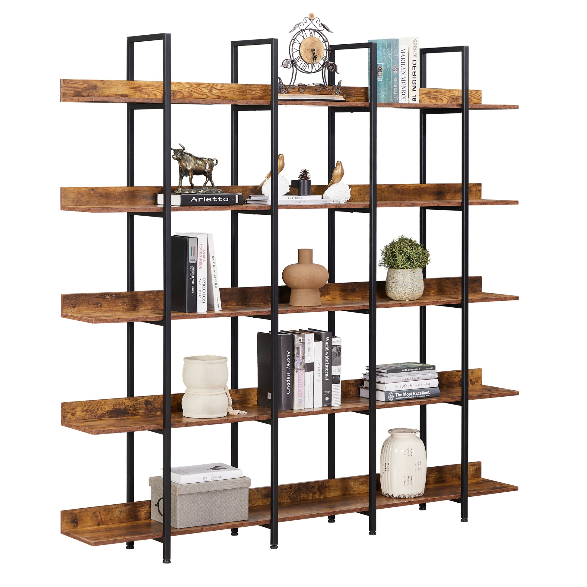 [VIDEO] 5 Tier Bookcase Home Office Open Bookshelf, Vintage Industrial Style Shelf with Metal Frame,-UH Decor-Default-Urbanheer
