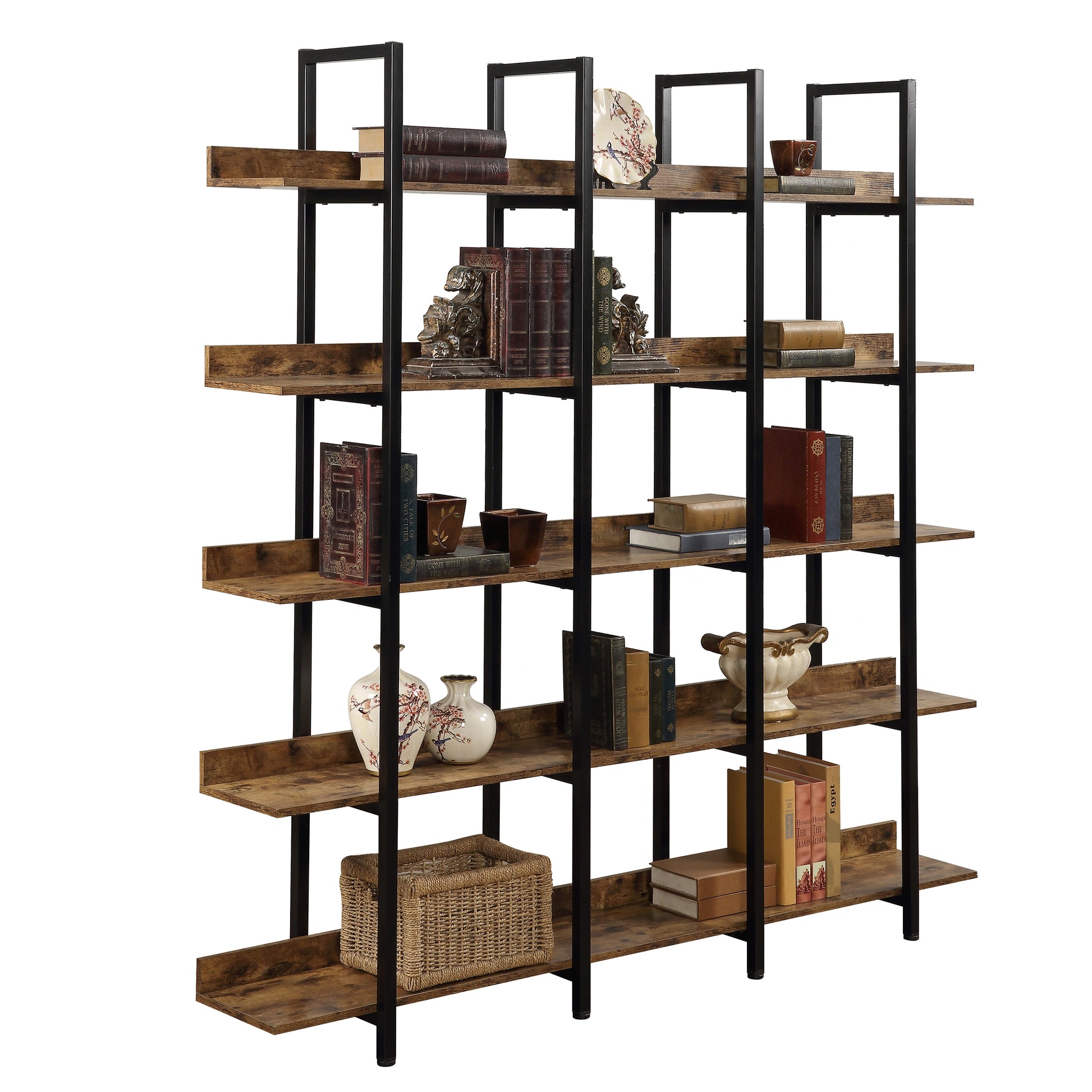 [VIDEO] 5 Tier Bookcase Home Office Open Bookshelf, Vintage Industrial Style Shelf with Metal Frame,-UH Decor-Default-Urbanheer