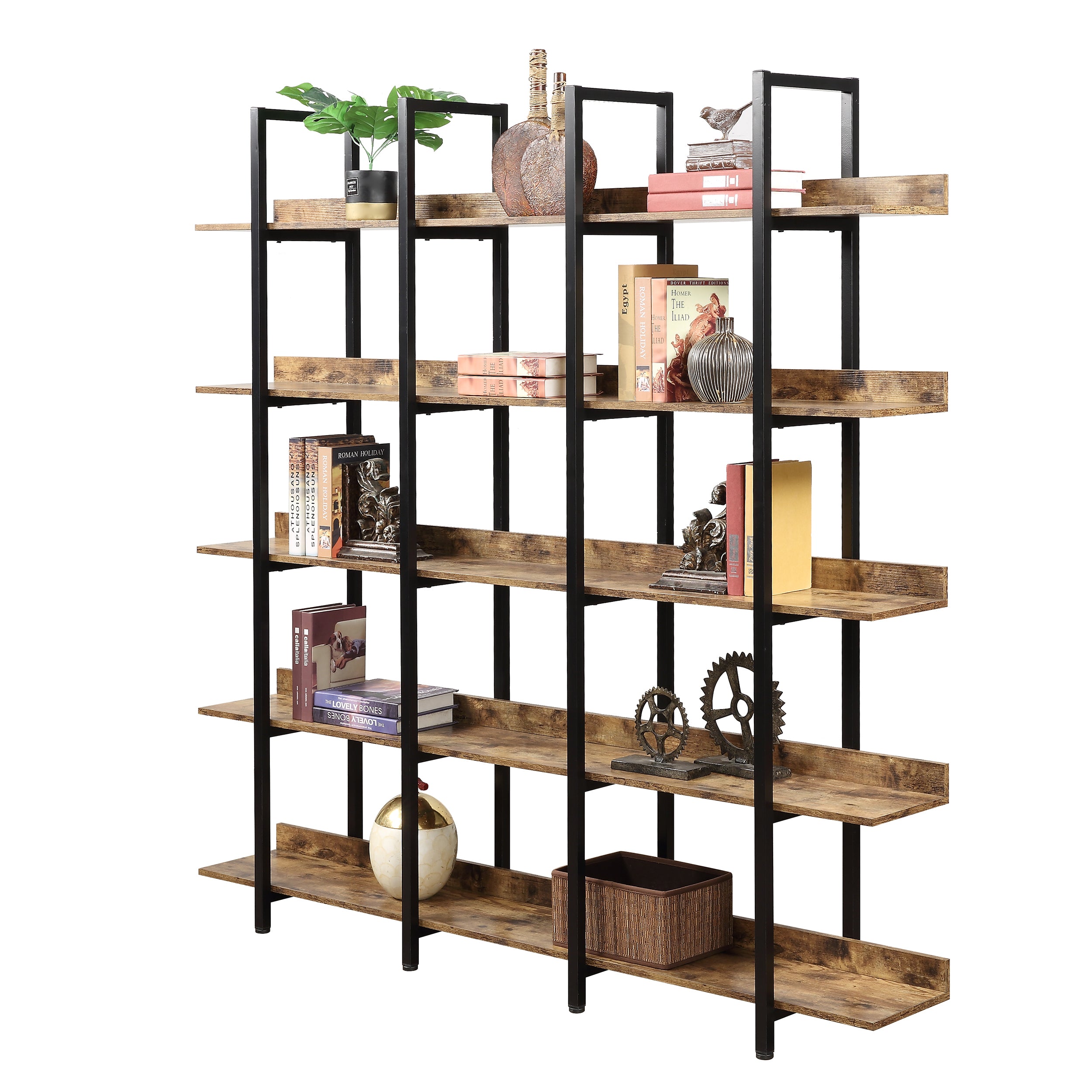 [VIDEO] 5 Tier Bookcase Home Office Open Bookshelf, Vintage Industrial Style Shelf with Metal Frame,-UH Decor-Default-Urbanheer
