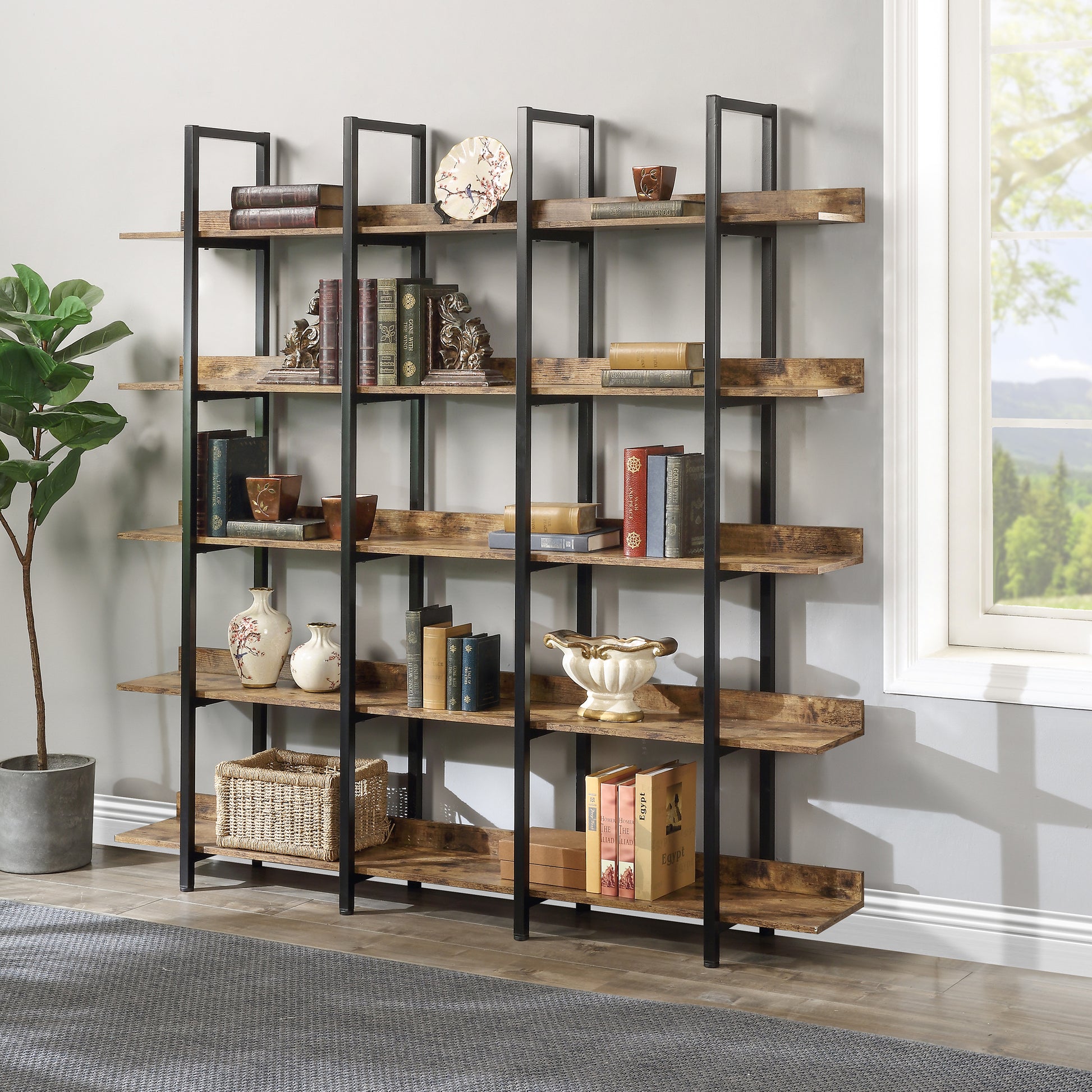 [VIDEO] 5 Tier Bookcase Home Office Open Bookshelf, Vintage Industrial Style Shelf with Metal Frame,-UH Decor-Default-Urbanheer
