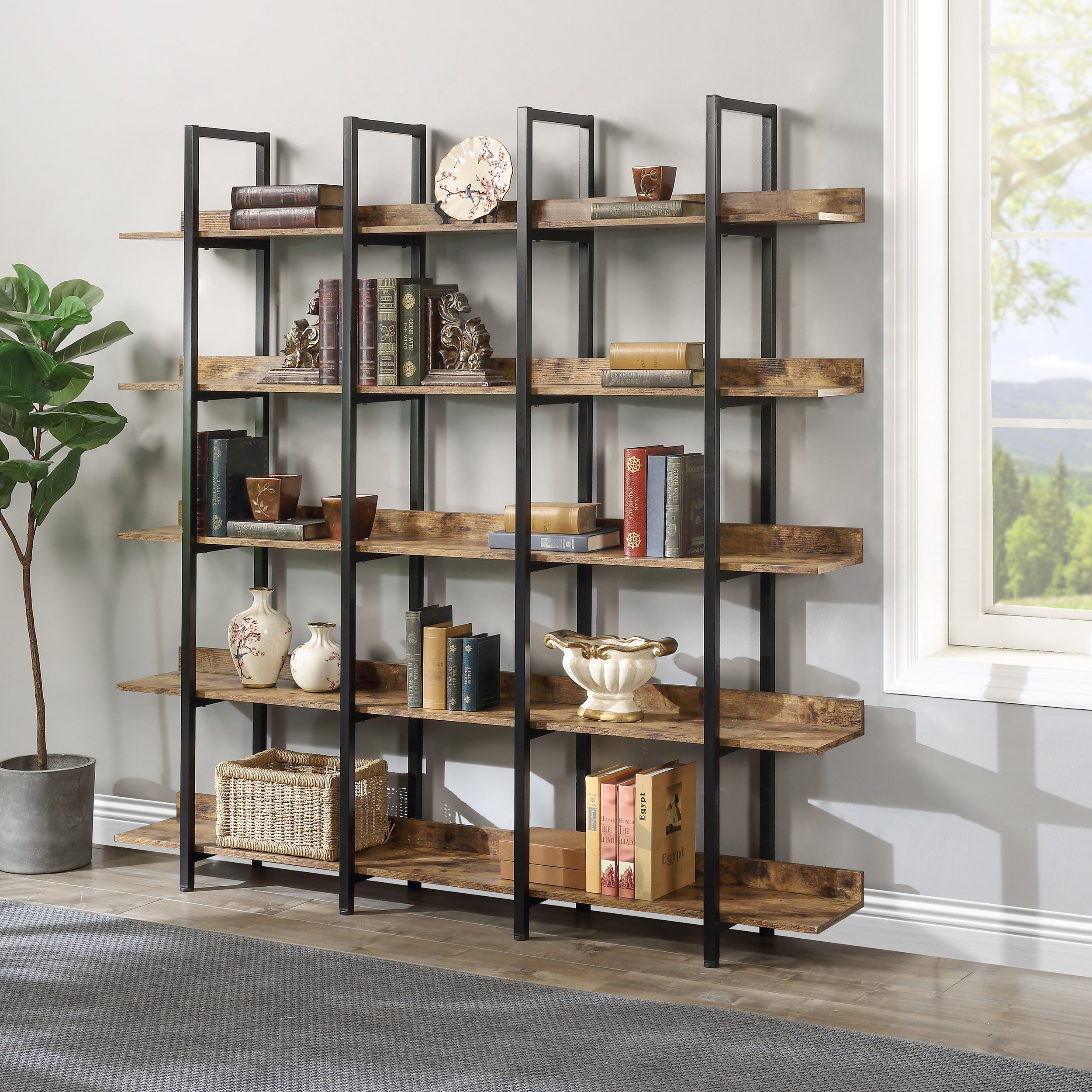 [VIDEO] 5 Tier Bookcase Home Office Open Bookshelf, Vintage Industrial Style Shelf with Metal Frame,-UH Decor-Default-Urbanheer