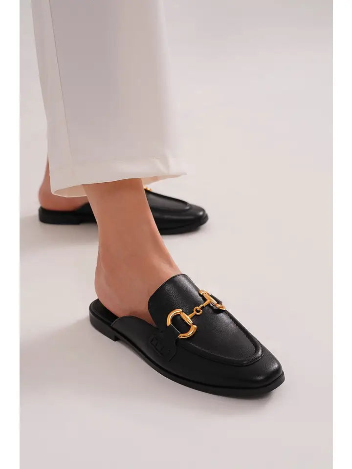 VIVIAN-08 Slip-On Loafers with Chain Accent Black-Loafers-BEAST FASHION-A RUN-Black-Urbanheer