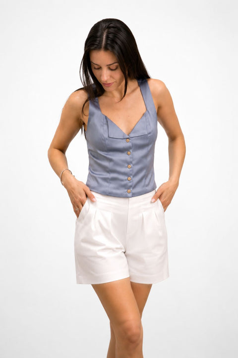 Valencia Pleated Cotton Shorts - White