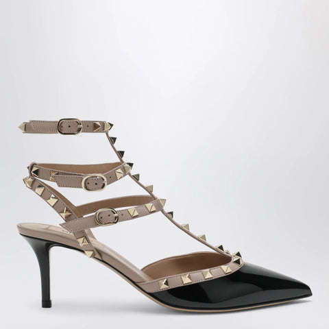 Valentino Garavani Rockstud strap pumps in patent leather, black/powder