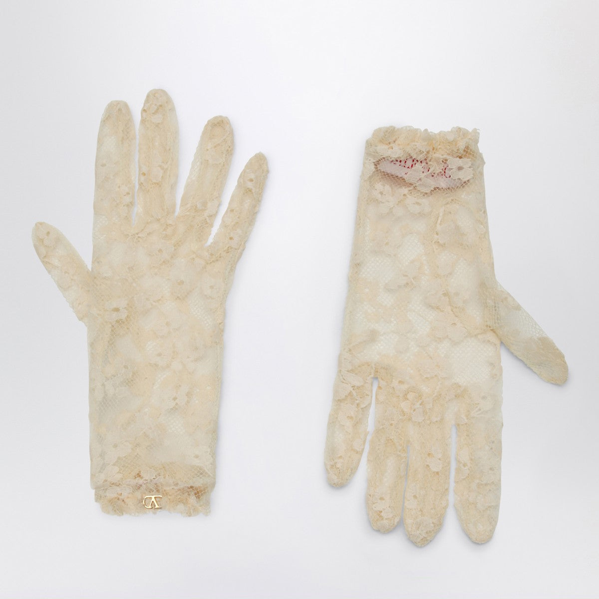 Valentino Garavani Vlogo Signature butter-coloured lace gloves