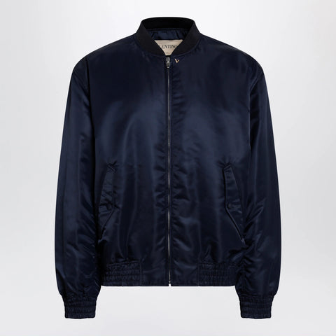 Valentino Shiny navy blue zip-up bomber jacket with Vlogo