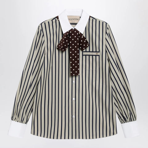Valentino Striped cotton shirt with scarf in beige and blue