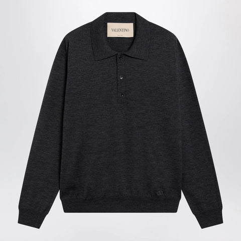 Valentino Wool polo shirt with VLogo embroidery in anthracite