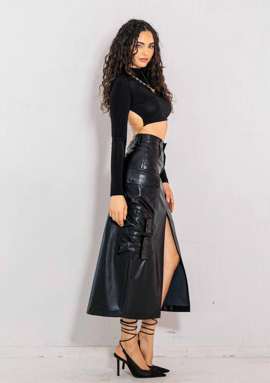 Vegan Leather Cargo Column Skirt