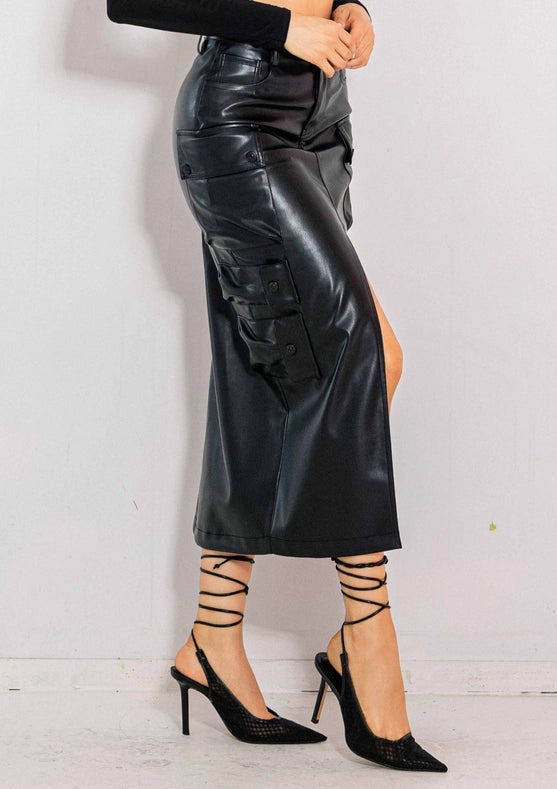Vegan Leather Cargo Column Skirt