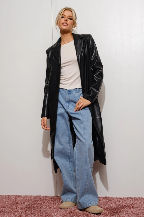 Vegan Leather Trench Coat-Coat-Pretty Garbage-S-Black-Urbanheer