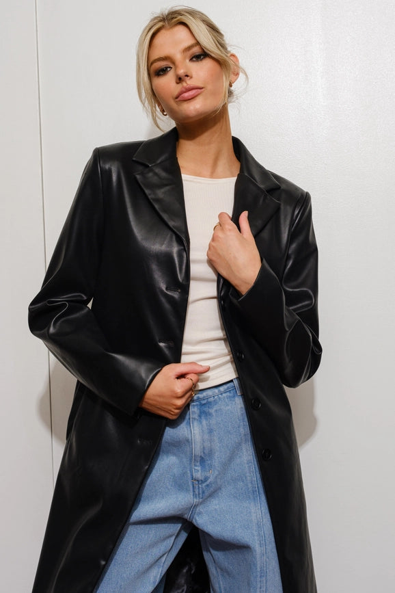 Vegan Leather Trench Coat-Coat-Pretty Garbage-S-Black-Urbanheer