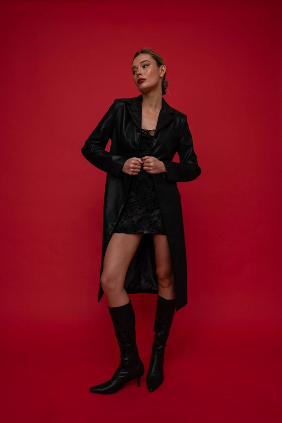 Vegan Leather Trench Coat-Coat-Pretty Garbage-S-Black-Urbanheer