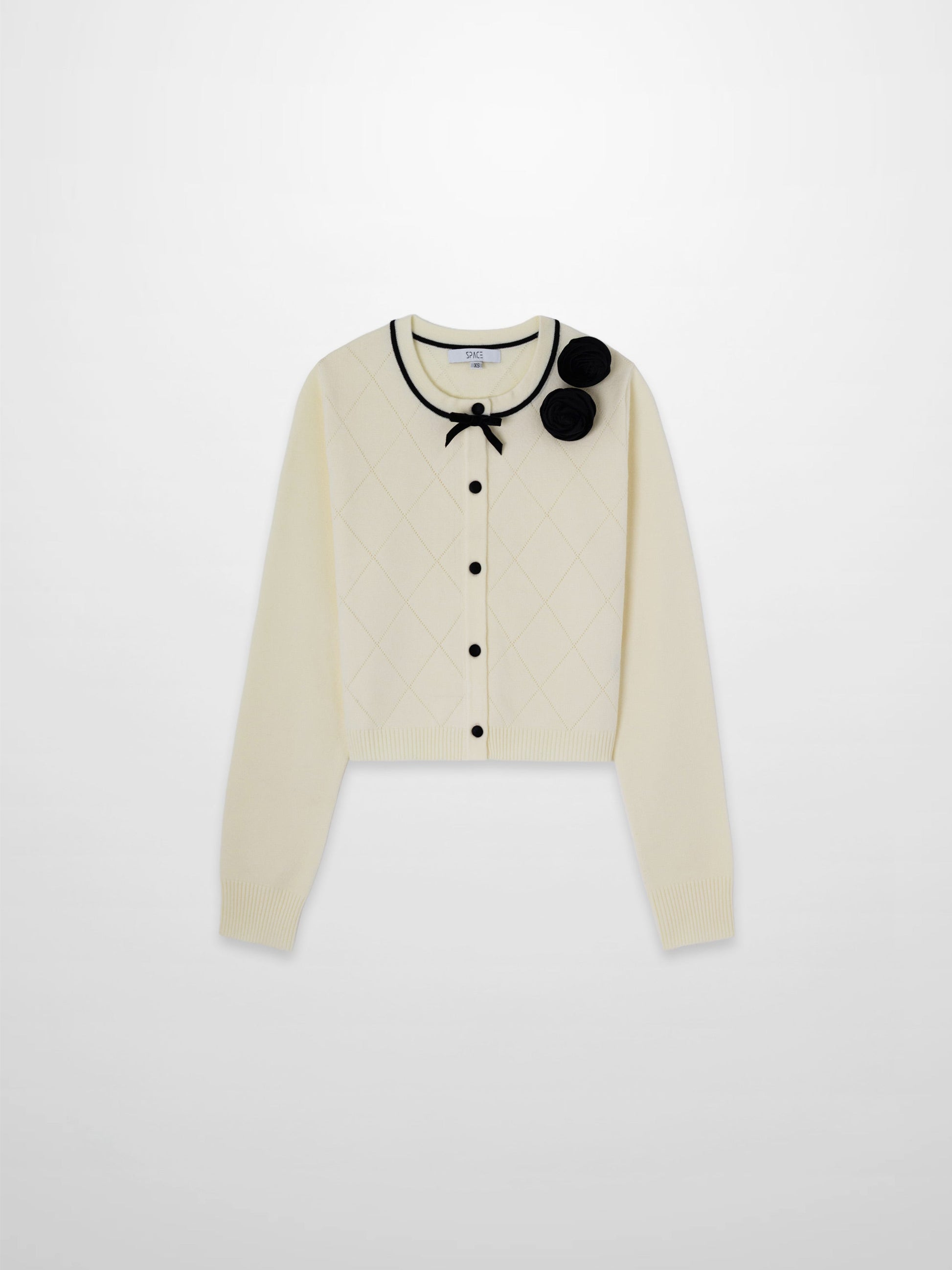 Velvet Detail Pointelle Crew Cardigan-Cream/Black-1