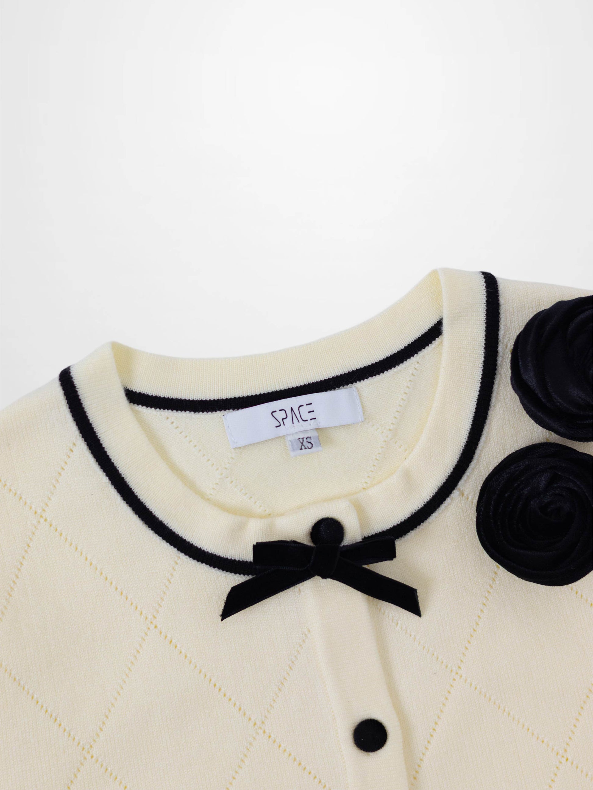 Velvet Detail Pointelle Crew Cardigan-Cream/Black-3