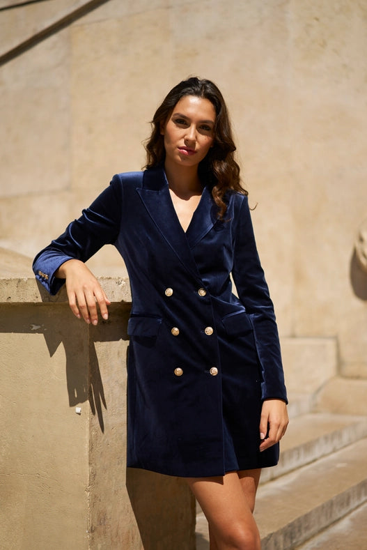 Velvet Double Breasted Jacket Dress Navy-Jacket-Attentif Paris-S-Urbanheer