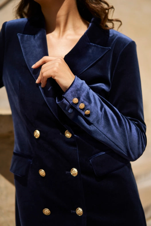 Velvet Double Breasted Jacket Dress Navy-Jacket-Attentif Paris-S-Urbanheer
