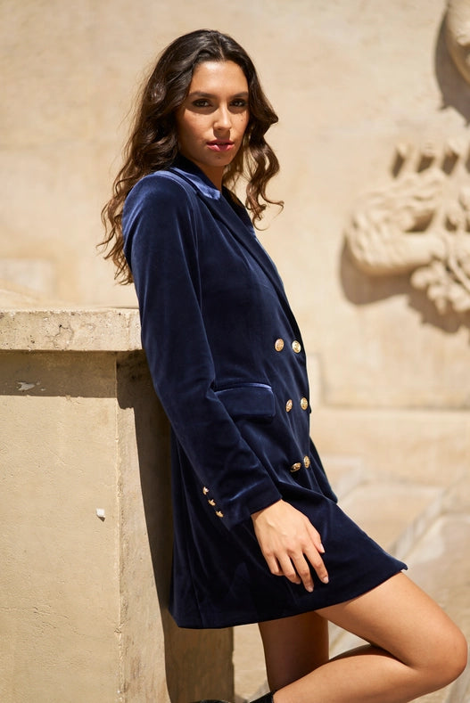 Velvet Double Breasted Jacket Dress Navy-Jacket-Attentif Paris-S-Urbanheer