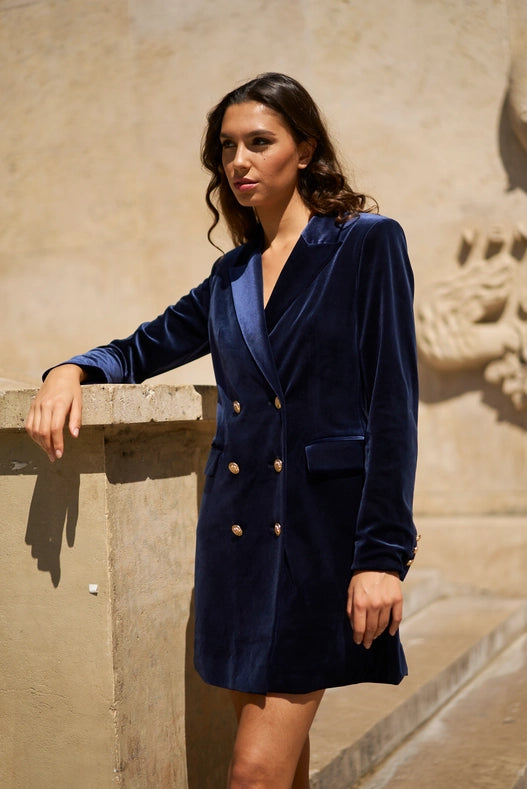 Velvet Double Breasted Jacket Dress Navy-Jacket-Attentif Paris-S-Urbanheer