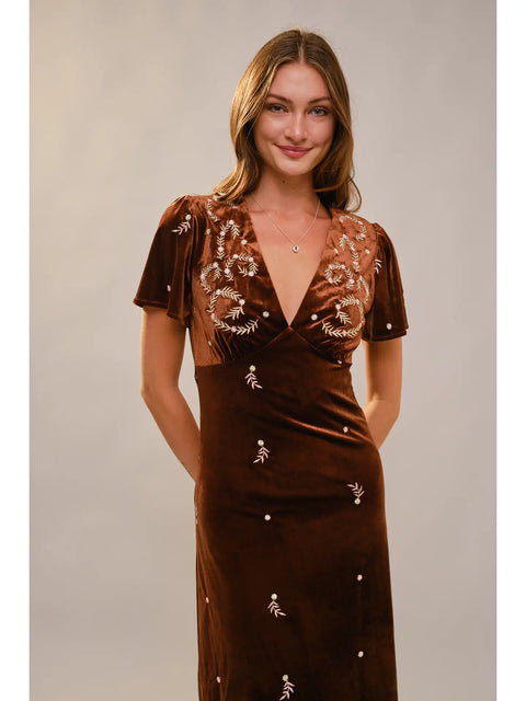 Velvet Embroidered Midi Dress