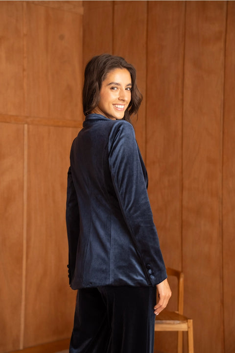 Velvet Fitted Velvet Blazer with Visible Stitching At the Collar