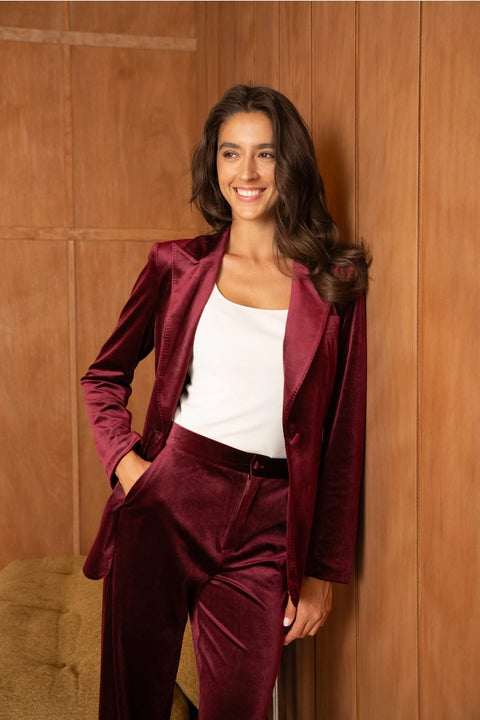 Velvet Fitted Velvet Blazer with Visible Stitching At the Collar