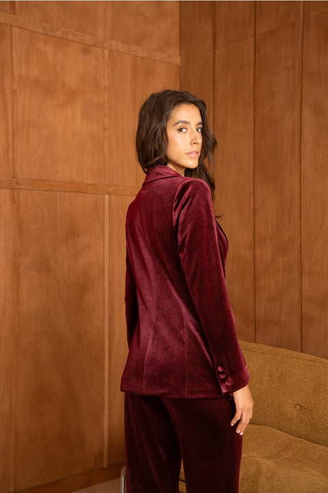 Velvet Fitted Velvet Blazer with Visible Stitching At the Collar