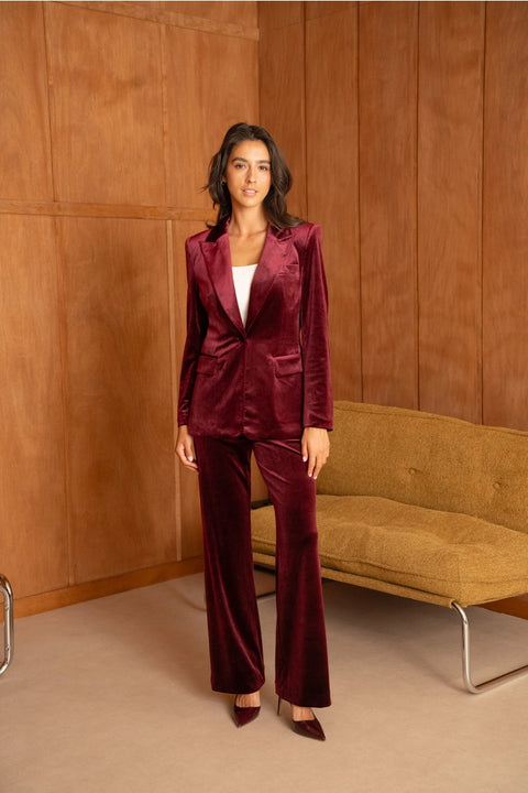 Velvet Fitted Velvet Blazer with Visible Stitching At the Collar