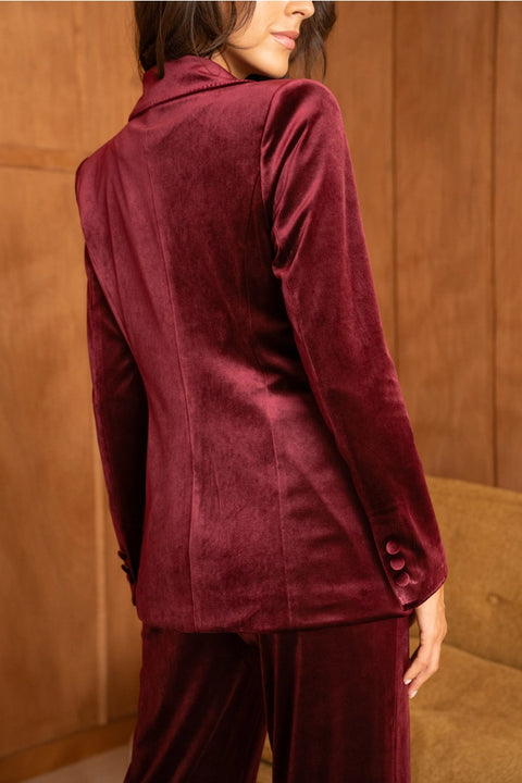 Velvet Fitted Velvet Blazer with Visible Stitching At the Collar