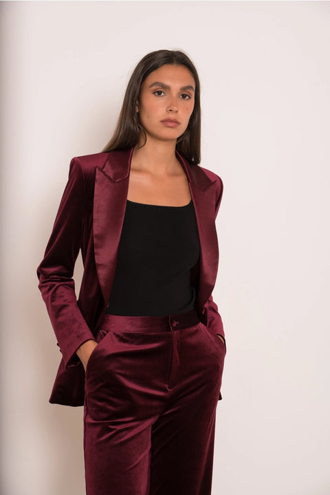 Velvet Fitted Velvet Tuxedo Blazer with Satin Lapel