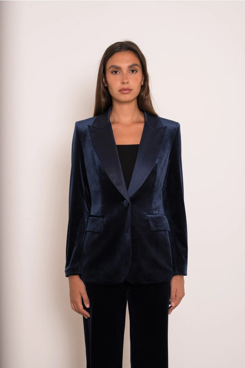Velvet Fitted Velvet Tuxedo Blazer with Satin Lapel