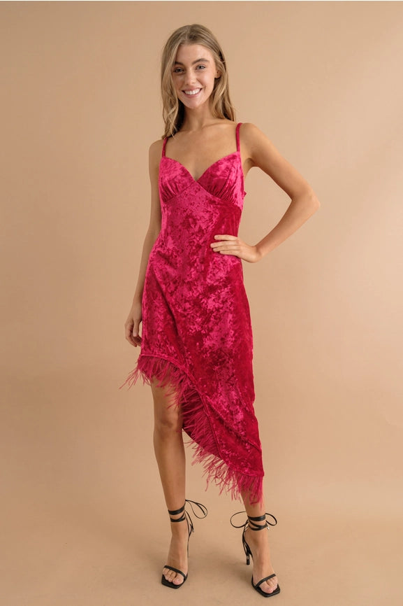Velvet Sweetheart Asymmetrical Feather Hem Dress-Dress-Blue B-S-RED-Urbanheer