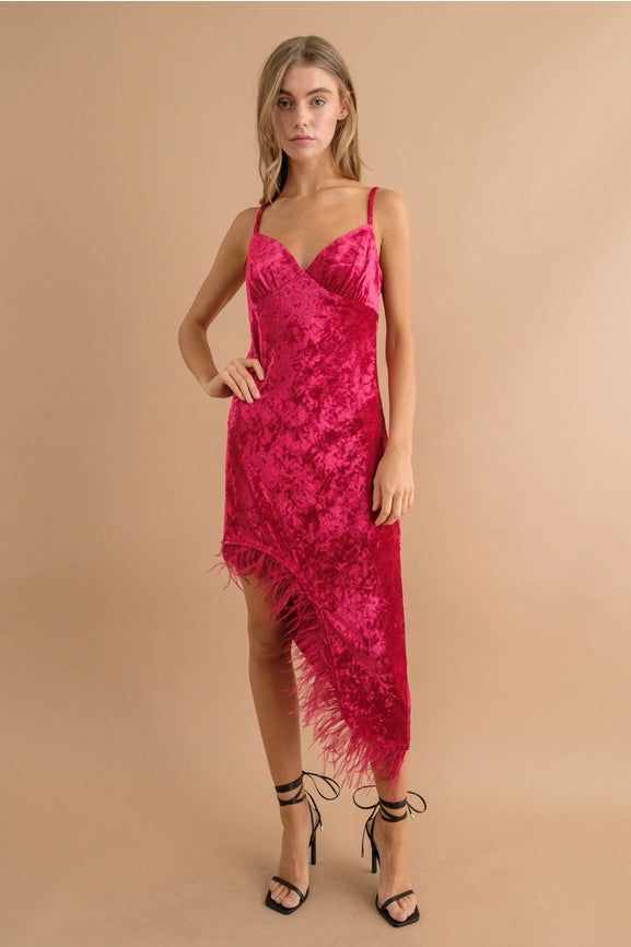 Velvet Sweetheart Asymmetrical Feather Hem Dress-Dress-Blue B-S-RED-Urbanheer
