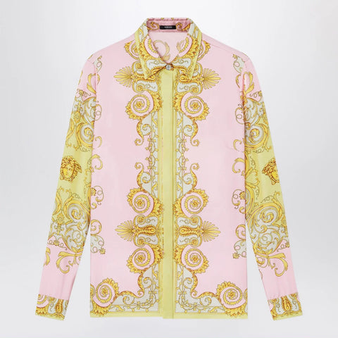 Versace Printed silk twill shirt in yellow/pink