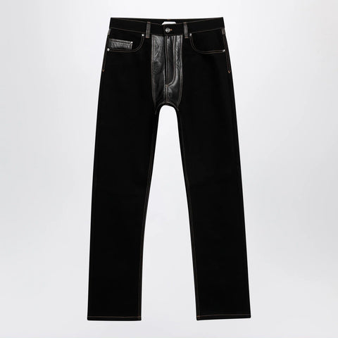Versace Straight-leg denim and leather jeans in black