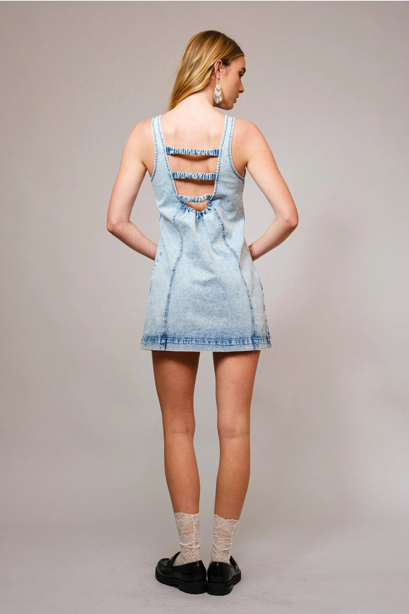 Vintage Denim Mini Dress with Hardware Details-Dress-Blue B-S-LIGHT WASH-Urbanheer