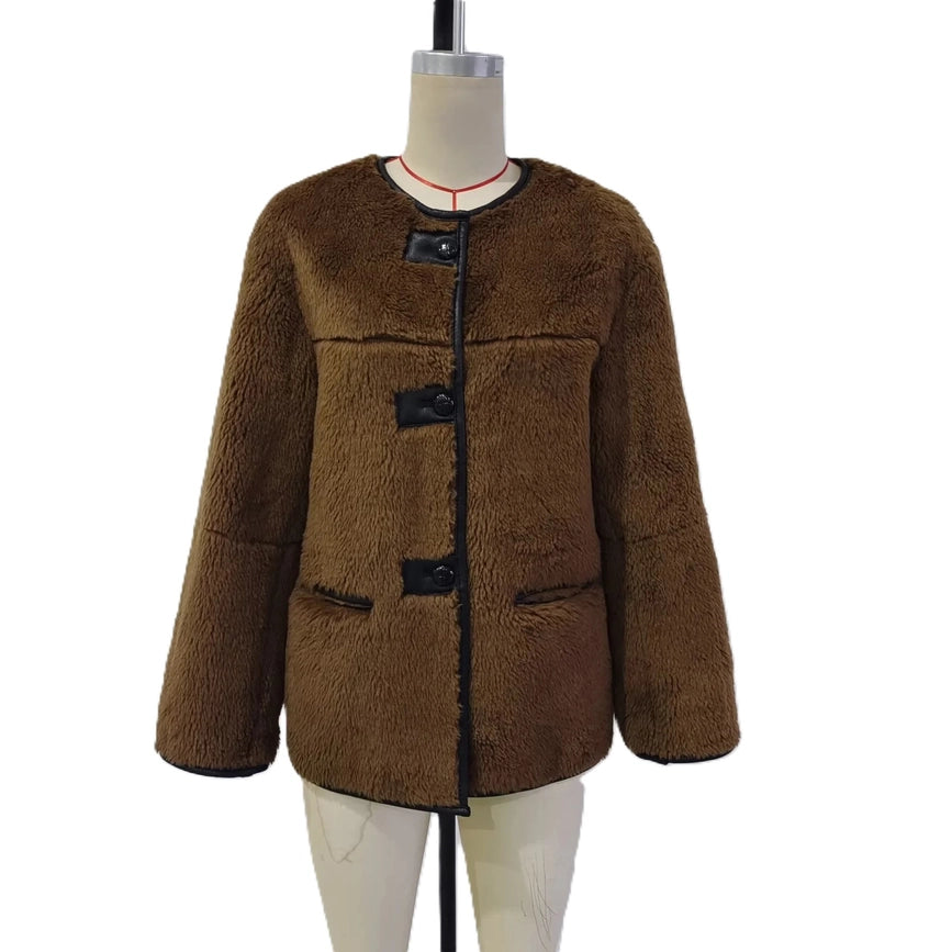 Vintage Elegant Patchwork Plush Jacket-Jacket-Rosa Clothing-S-Coffee-Urbanheer