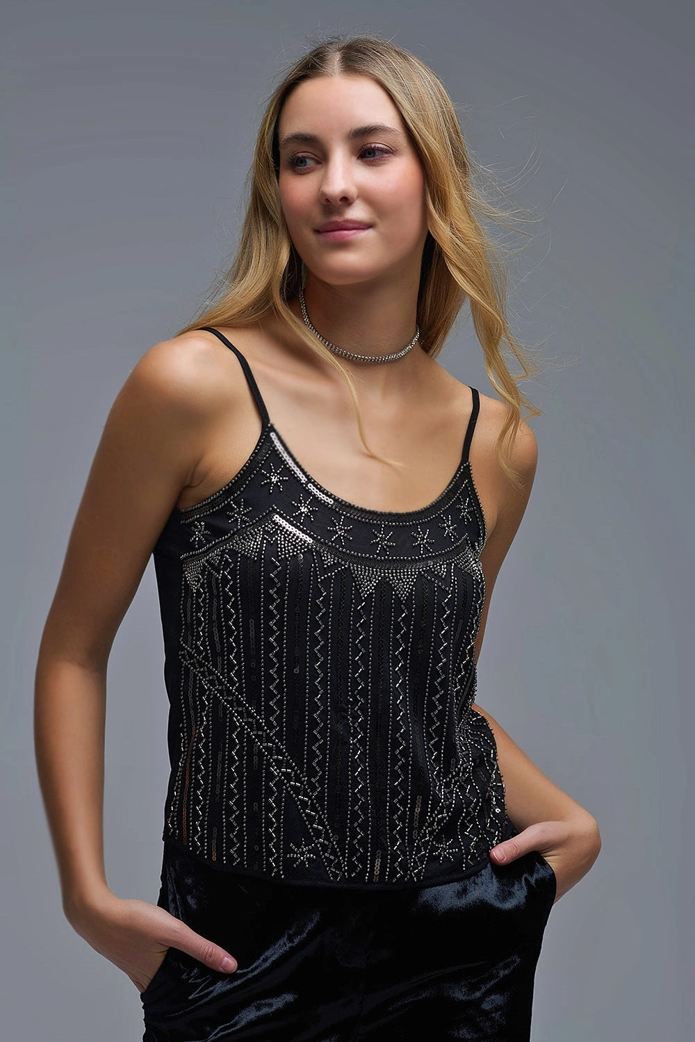 Vintage Embroidered Sequin Cami Top in Black