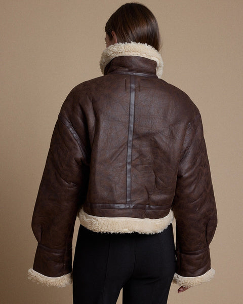 Vintage Faux Leather Sherpa Trim Aviator Jacket